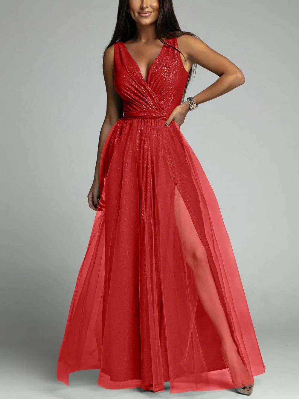 Elegant And Sexy V-Neck Waisted Slit Long Swing Maxi Dress