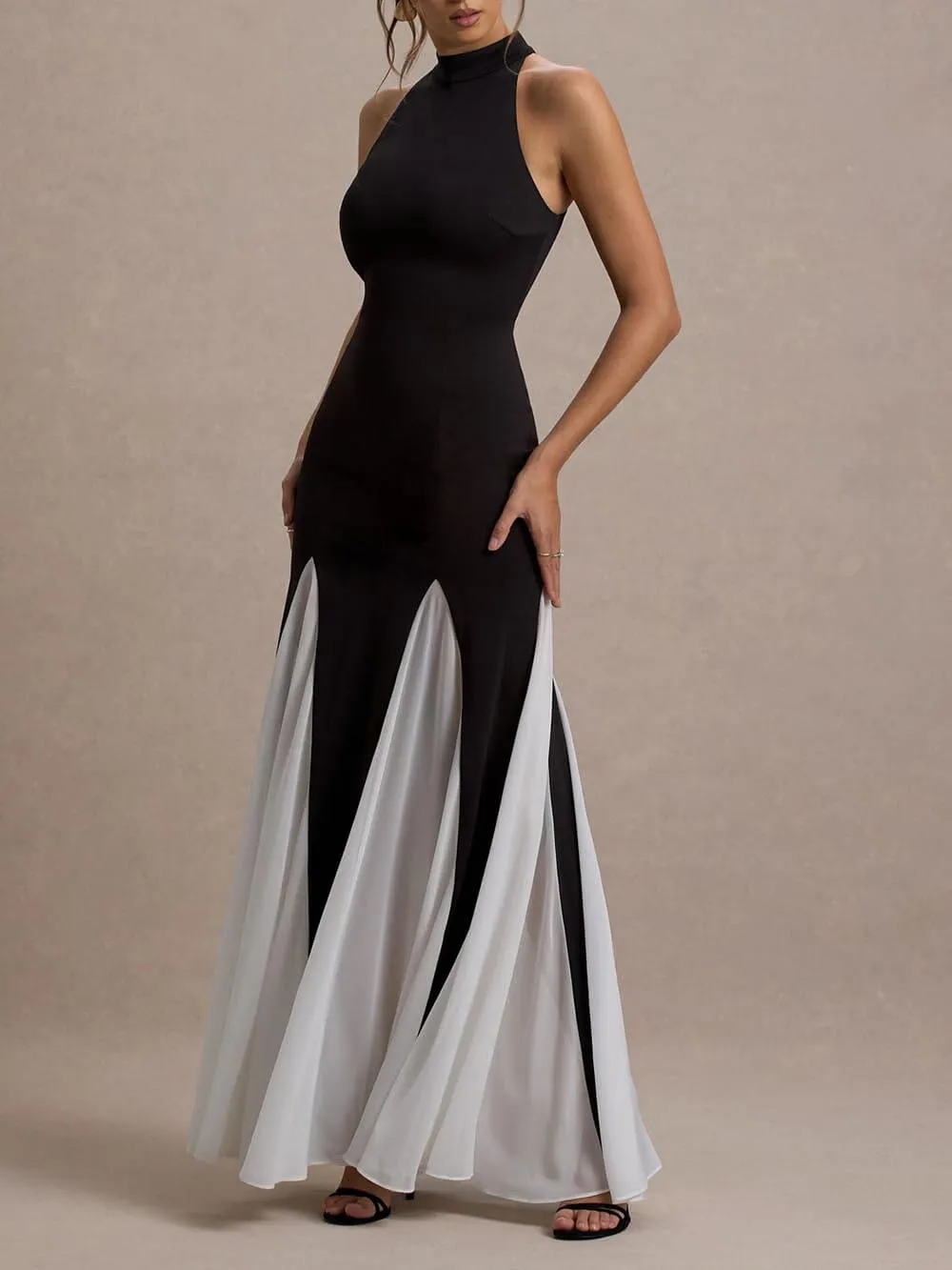 Elegant Contrast Color Panelled Tulle High Neck Stretch Maxi Dress
