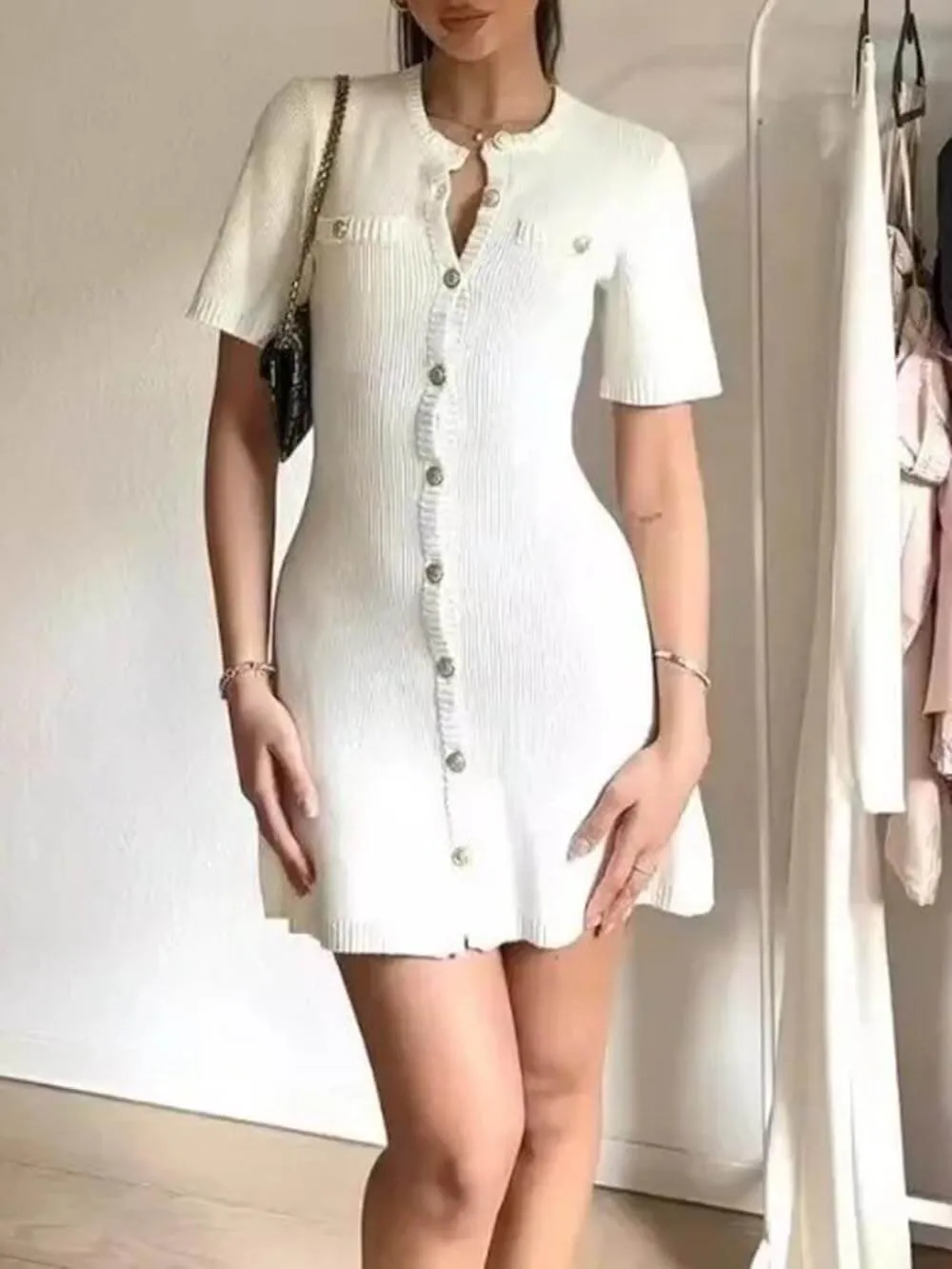 Delicate Short Sleeve Button Knit Mini Dress