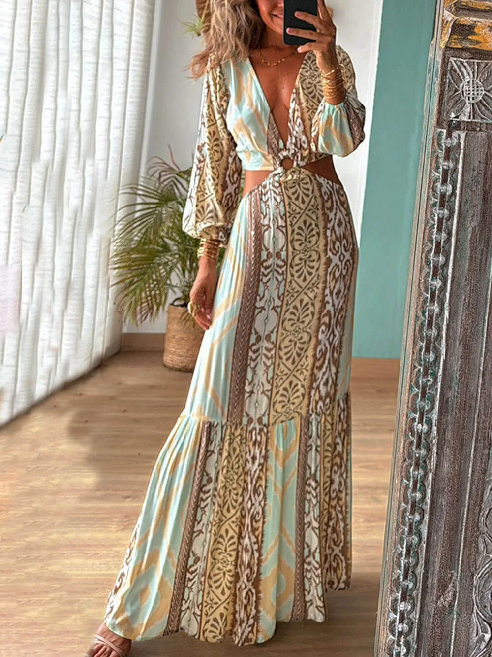 Unique Hollow Print V-Neck Waist-Baring Tie Dress