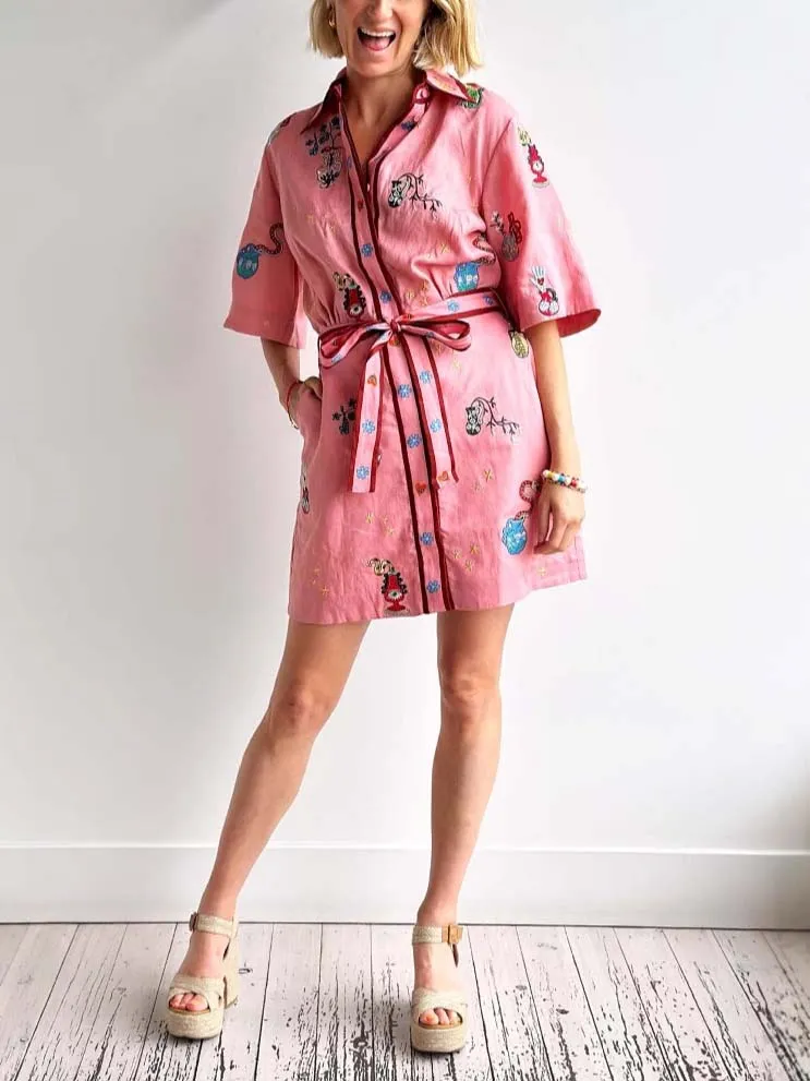 Casual Printed Shirt Collar Single-breasted Mini Dress