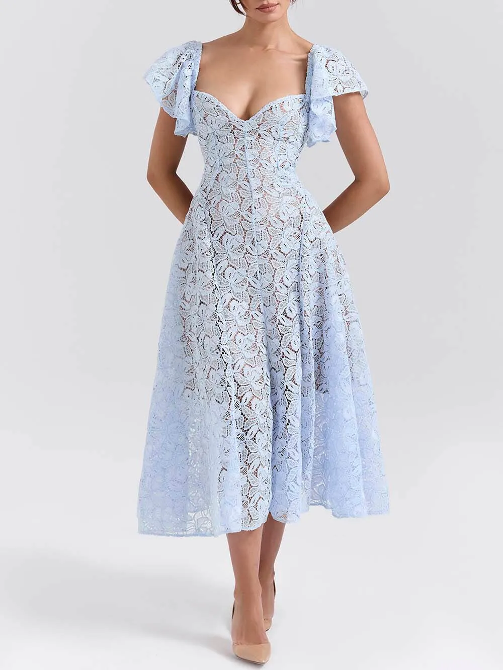 Romantic Bluebell Lace Butterfly Sleeve Sweetheart Neck Stretch Midi Dress