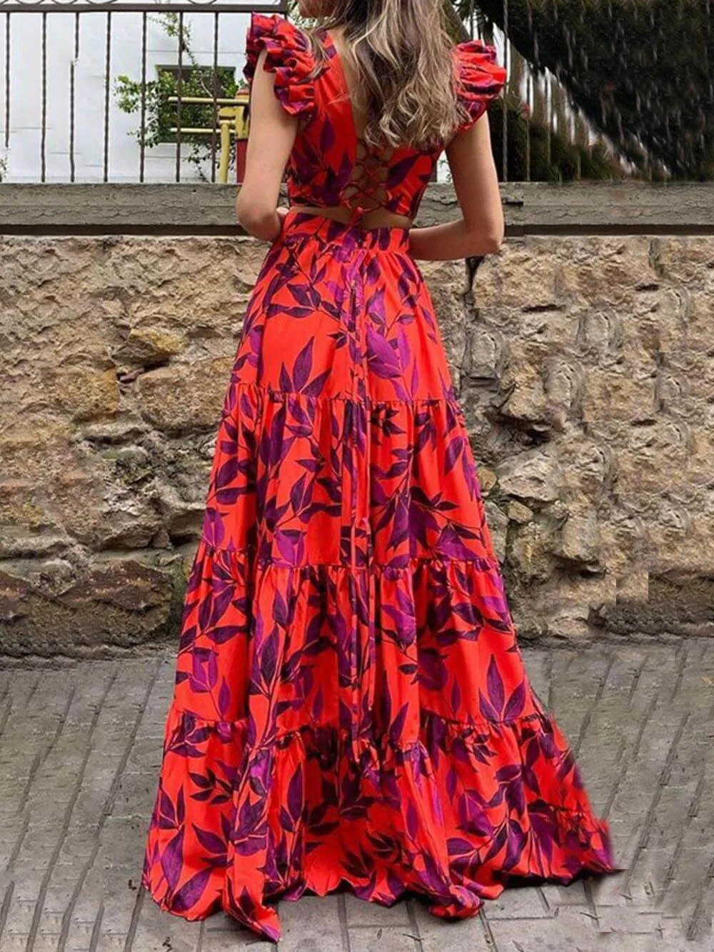 Fashion Printed Flying Sleeve High Waist Maxi Dress