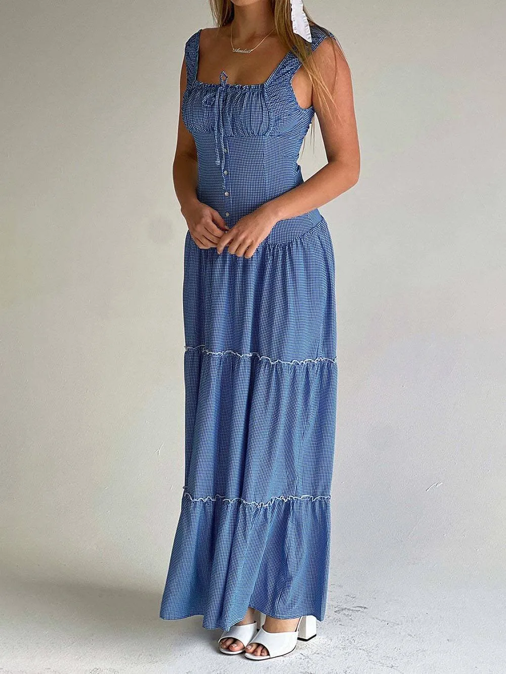 Vintage French Check Print Suspenders Drawstring Pleated Ruffle Maxi Dress