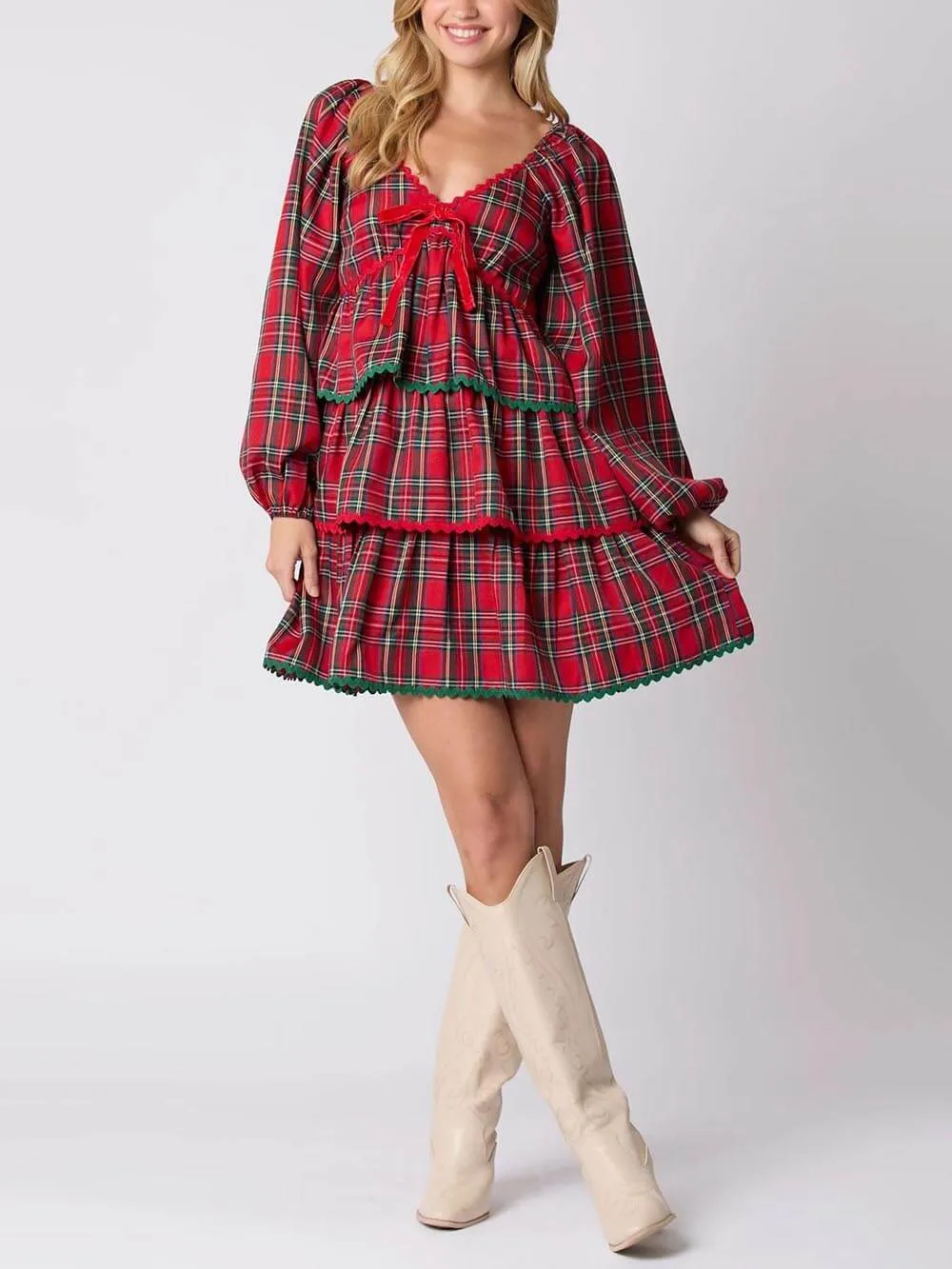 Christmas Plaid Long Sleeve Layered Dress