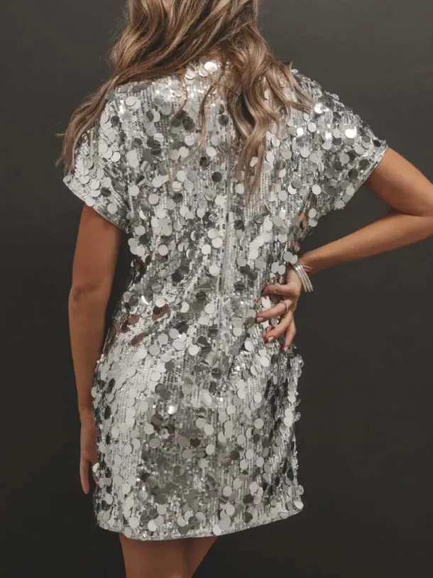 Fashion Short Sleeve Sequin Loose Mini Dress