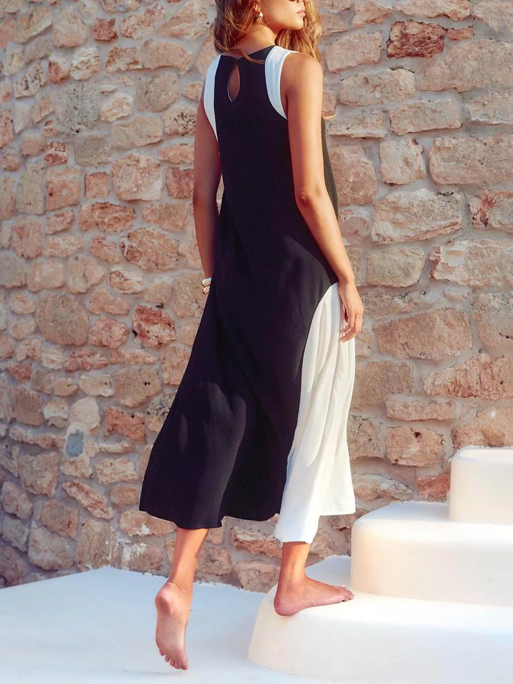 Fashionable Black And White Patchwork Loose Maxi Dress