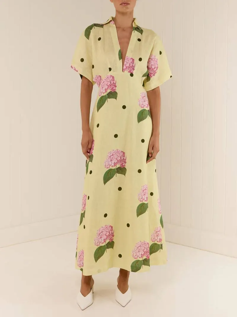 Deep V-Neck Printed Long Dress