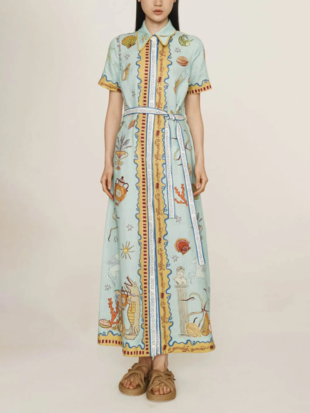 Modern Surrealist Unique Ocean Print Summer Maxi Shirtdress