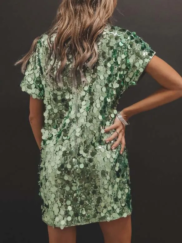 Fashion Short Sleeve Sequin Loose Mini Dress