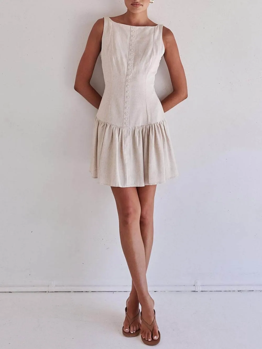 Classic Button Design Ruffle Patchwork Mini Dress