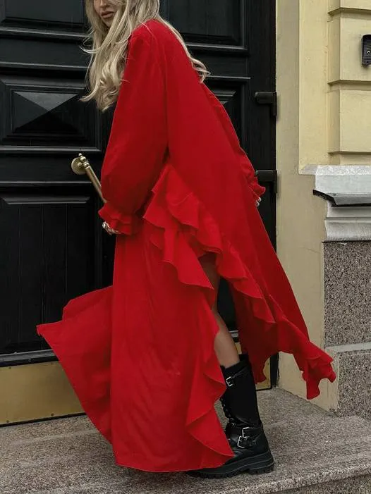 V-neck Ruffled Long-sleeve Dress