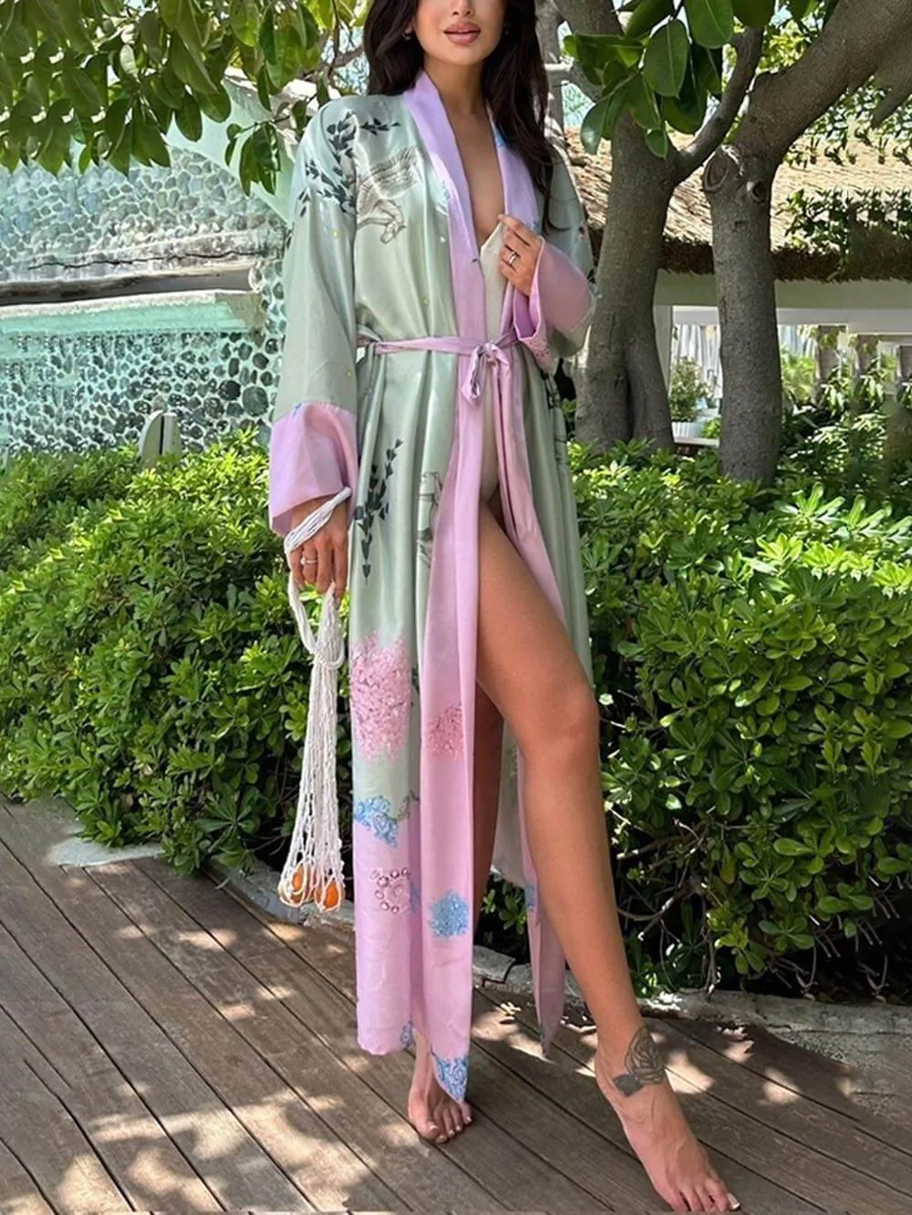 Relaxed Holiday Loose Long-Sleeved Satin Robe Dress