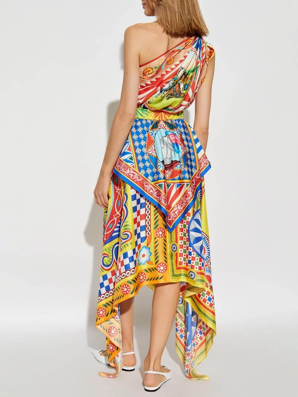Unique Printed One-Shoulder Irregular Midi Dress