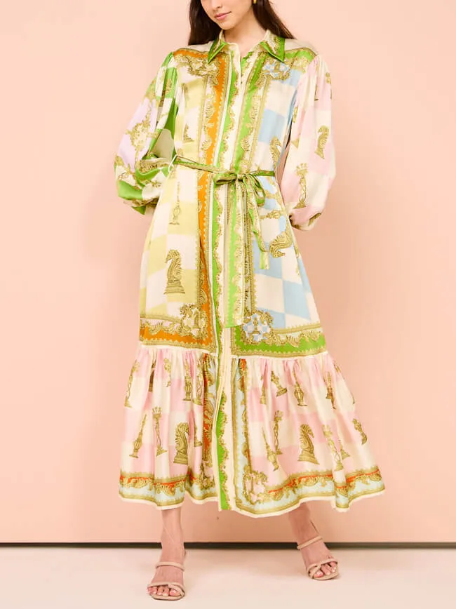 Unique Vintage Floral Lapel Single Breasted Midi Dress