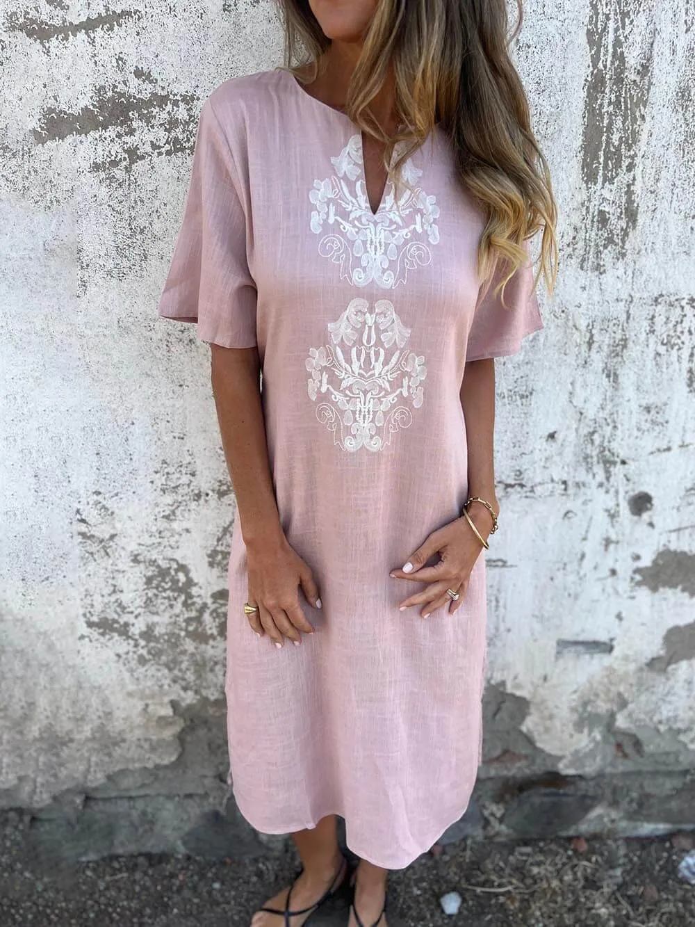 Bohemian Print Linen Loose Midi Dress
