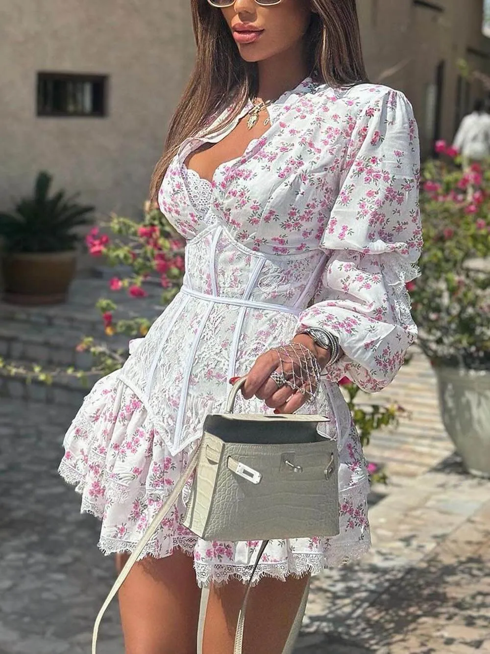 Sweet Floral Print Waisted Long Sleeve Lace Mini Dress
