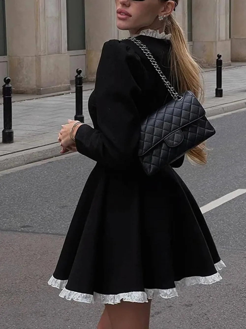 Elegant Lace Panel High Waist Long Sleeve Mini Dress