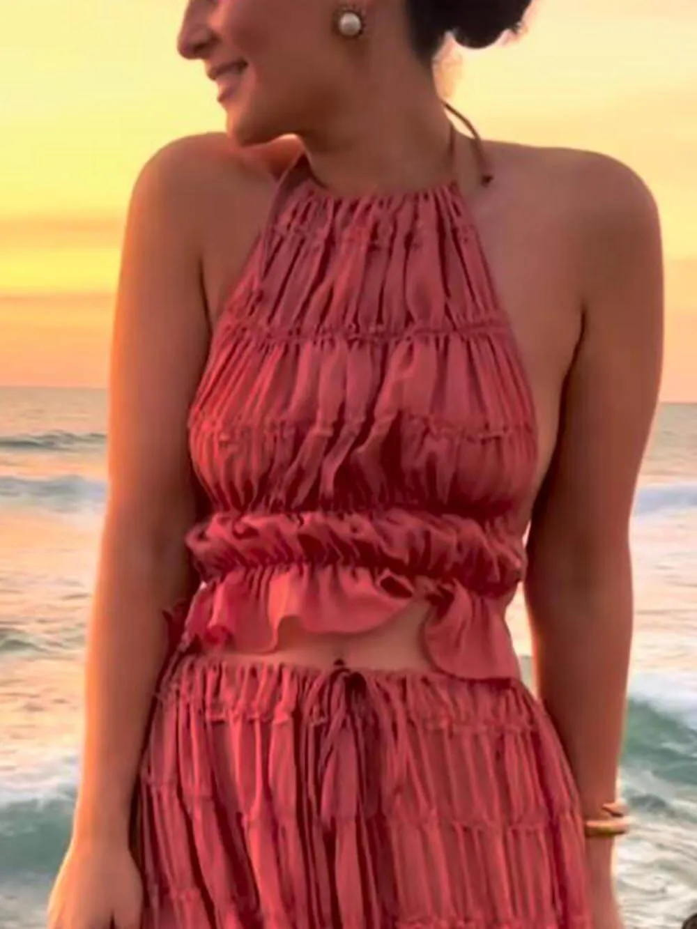 Charm Pleated Drawstring Waist Tiered Maxi Skirt