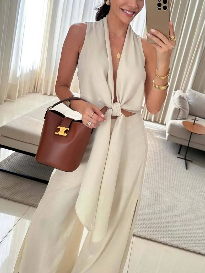 Lace-Up Top And Wide Leg Pants Suit