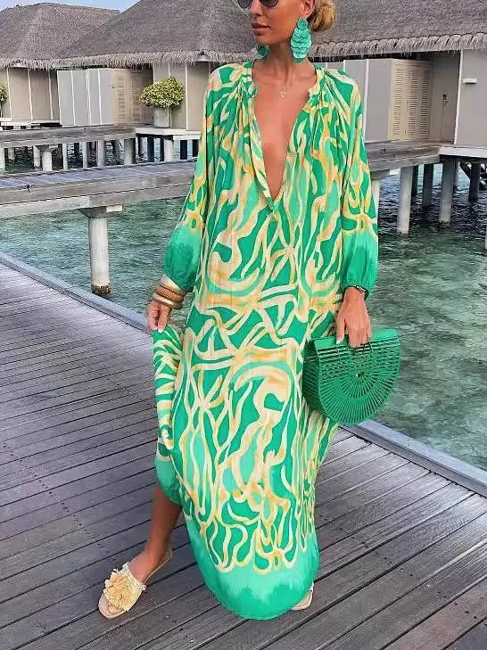 Printed V-neck Long-sleeved Loose Dress