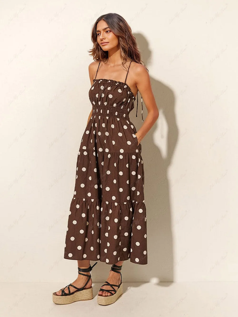 Chocolate And Ivory Polka Dot Print Pleated Elastic Strap Dress