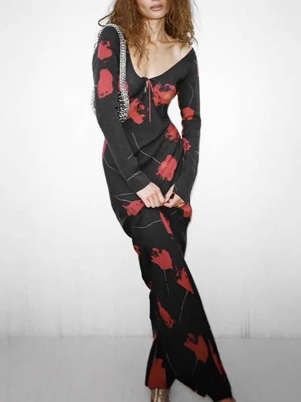 Printed V-neck High-waisted Hip Dress