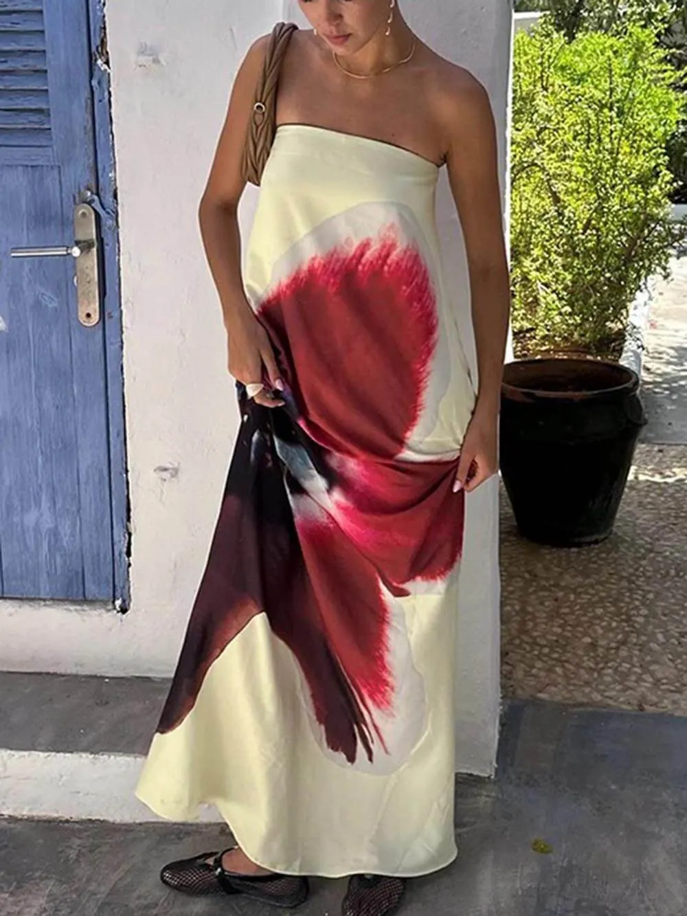 Elegant Floral Print Sexy Strapless Backless Maxi Dress