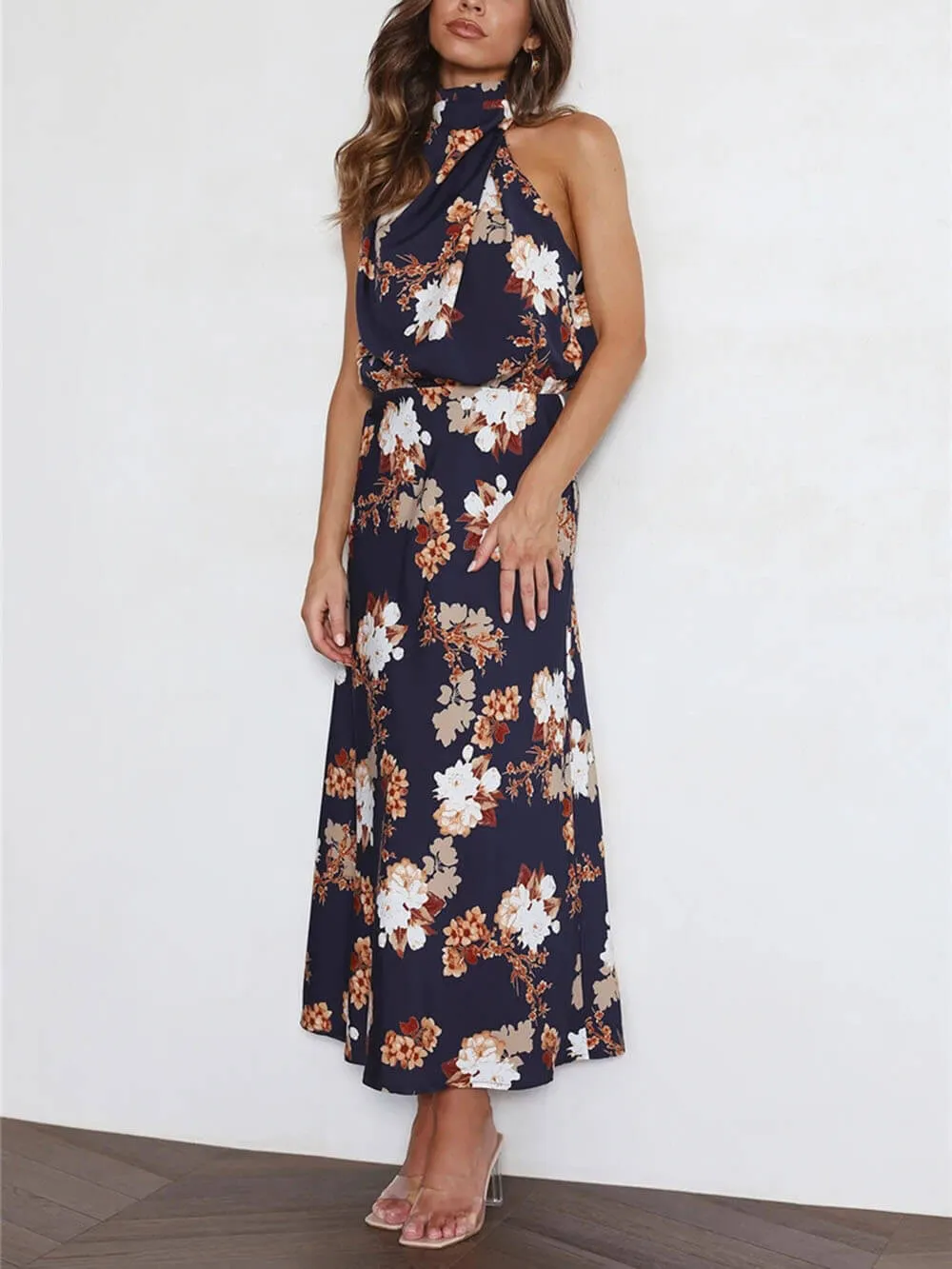 Floral Halter Neck Elastic Waist Maxi Dress