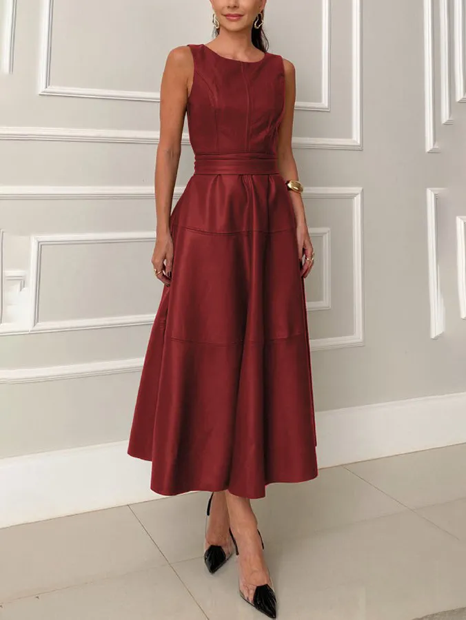 Fashion Round Neck Faux Leather A-Line Midi Dress