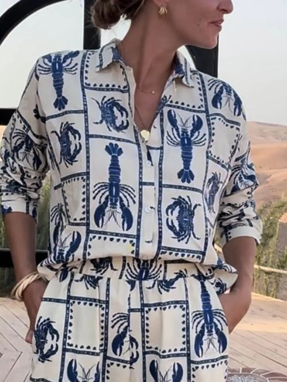 Unique Fun Lobster Pattern Printed Loose Shirt