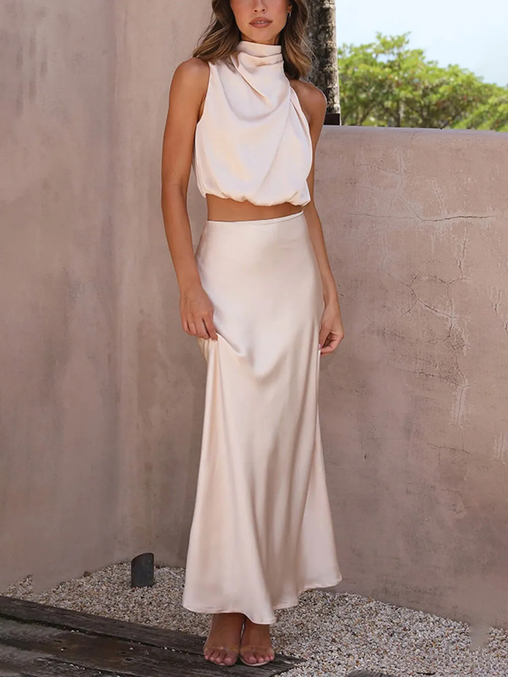 Elegant Such A Vibe High Neck Satin Drape Maxi Skirt Set