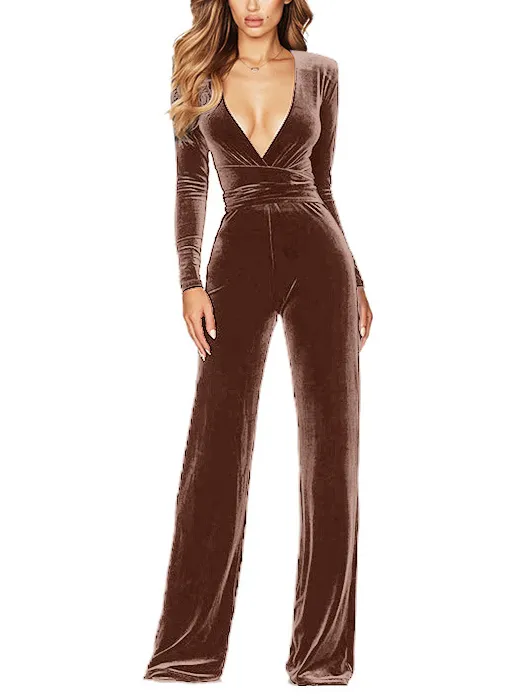 Velvet Deep V Belt Long Sleeve Jumpsuit