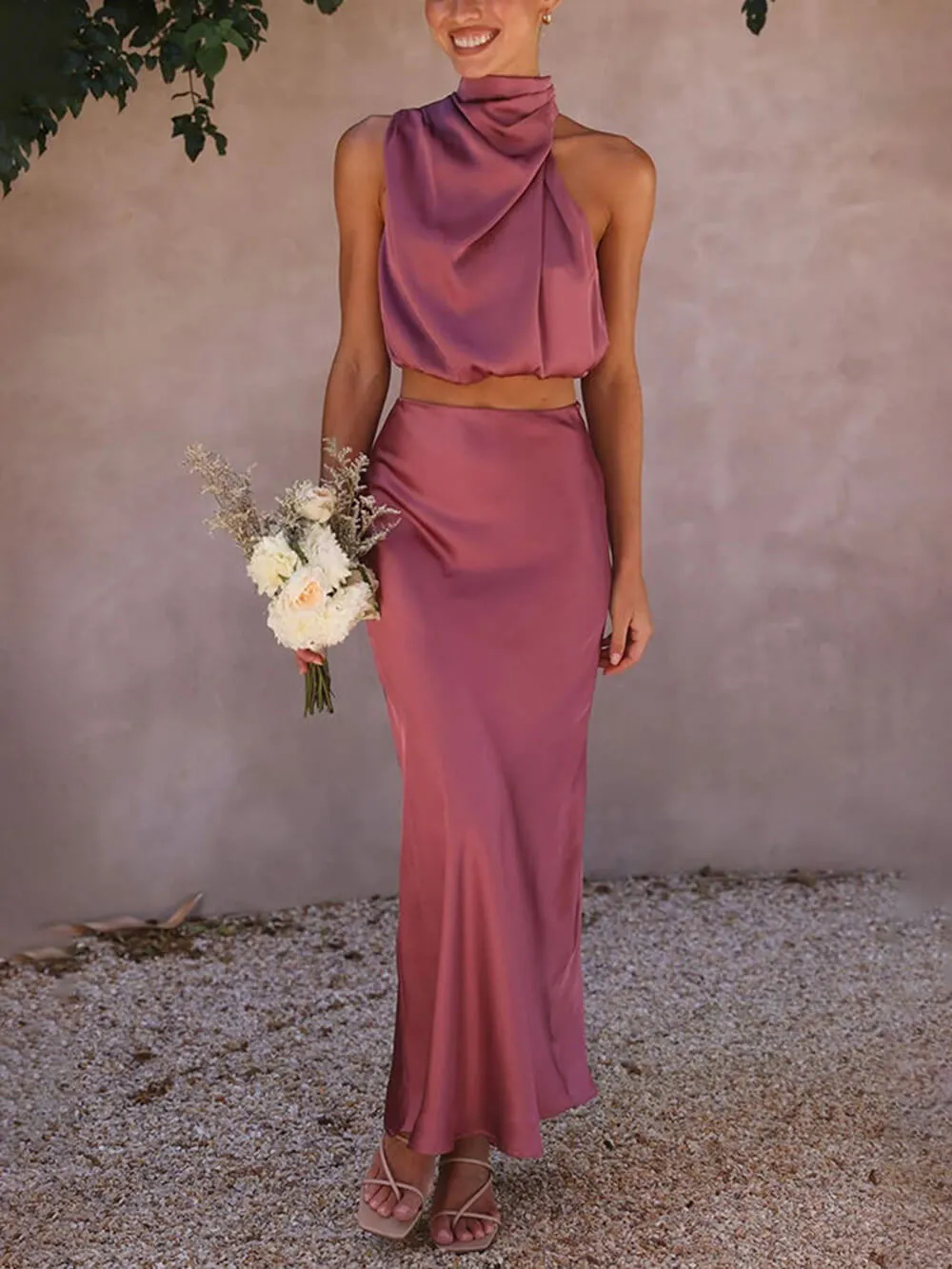 Elegant Such A Vibe High Neck Satin Drape Maxi Skirt Set