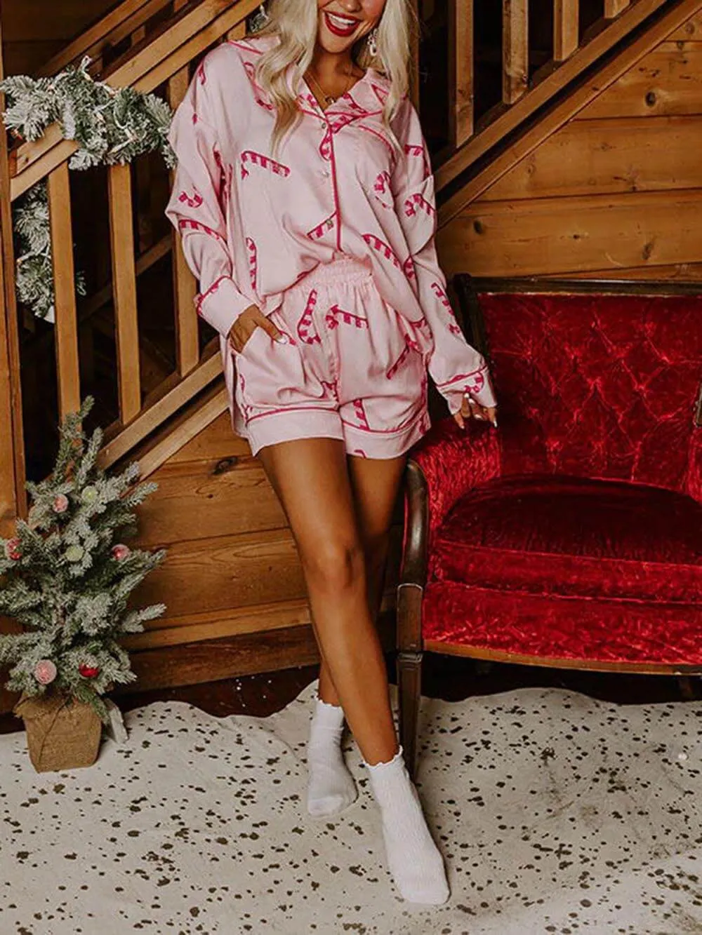 Christmas Satin Print Home Wear Pajamas Set
