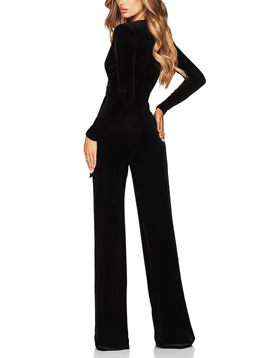 Velvet Deep V Belt Long Sleeve Jumpsuit
