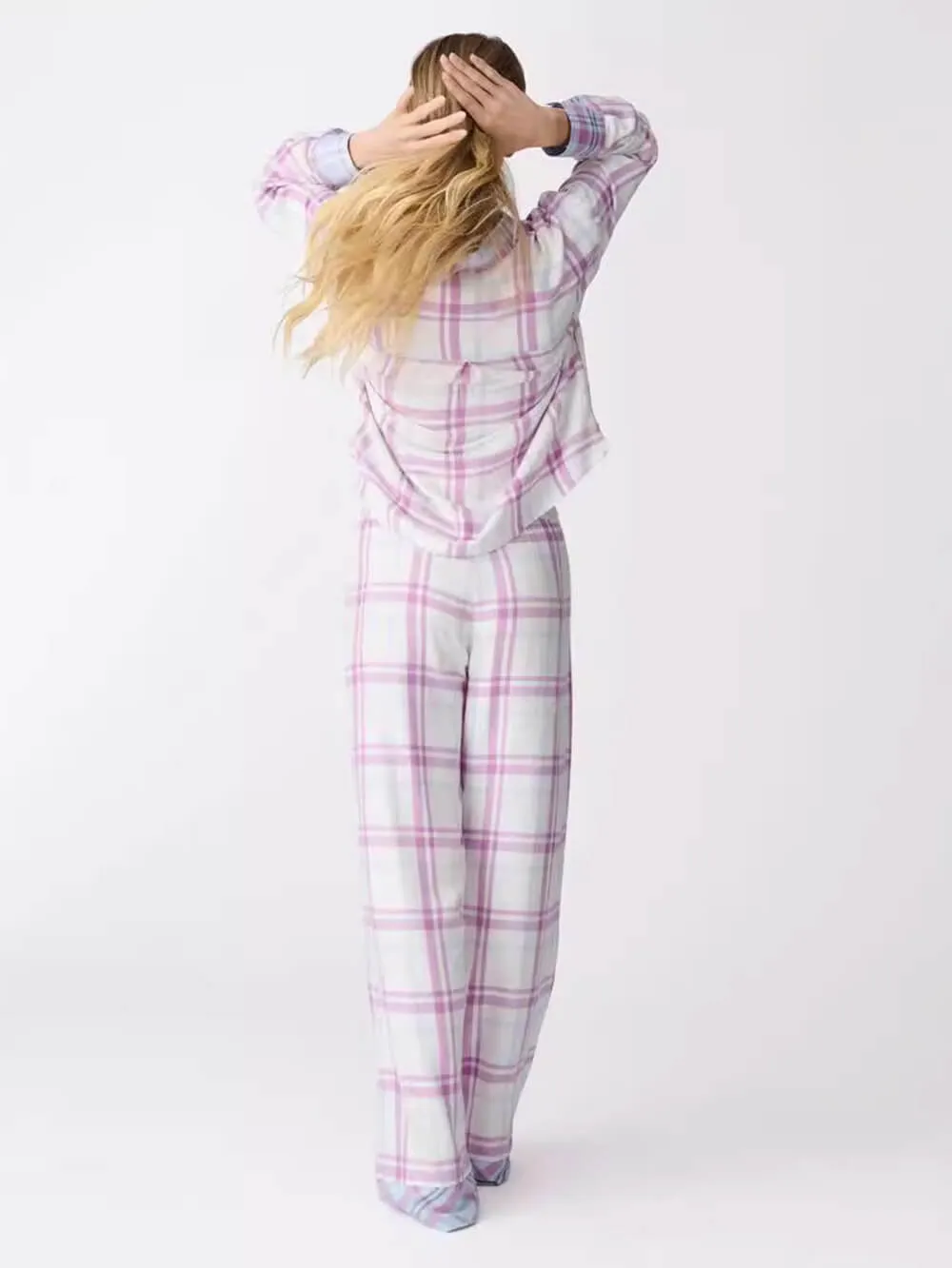 Casual Plaid Printed Shirt Lace-up Pants Pajama Set