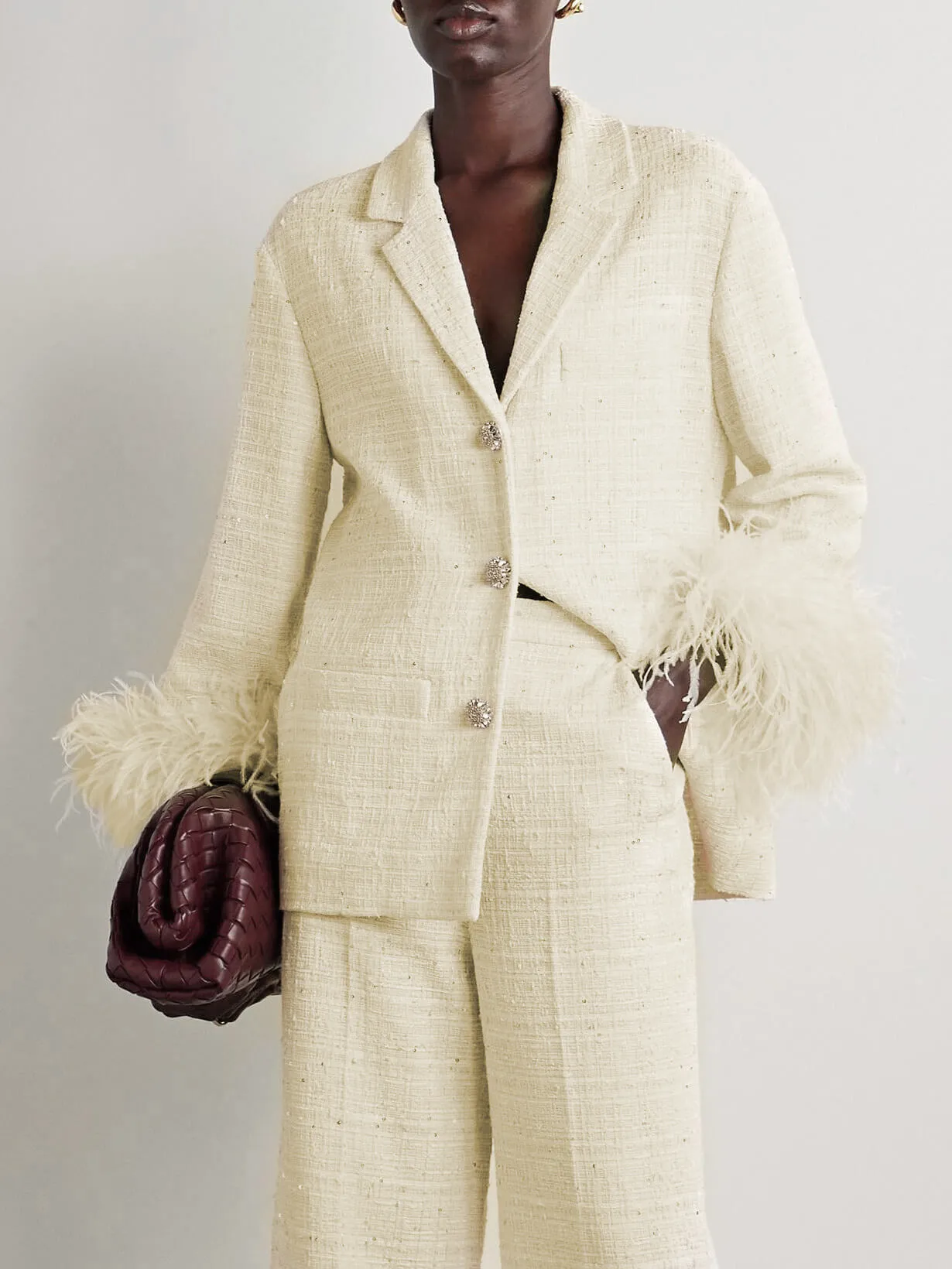 Elegant Feather-trimmed Embellished Tweed Blazer