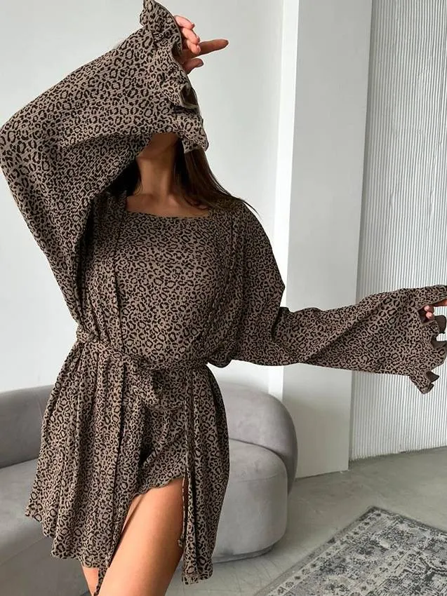 Leopard-Print Ruffled Nightgown Sling Shorts Three-Piece Home Wear
