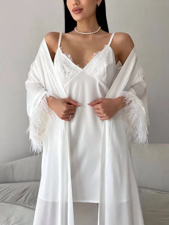 Feather Stitching Robe Slip Dress Pajamas Two-Piece suit