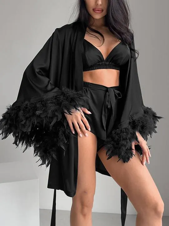 Feather Stitching Underwear Shorts Robe Three-piece Suit