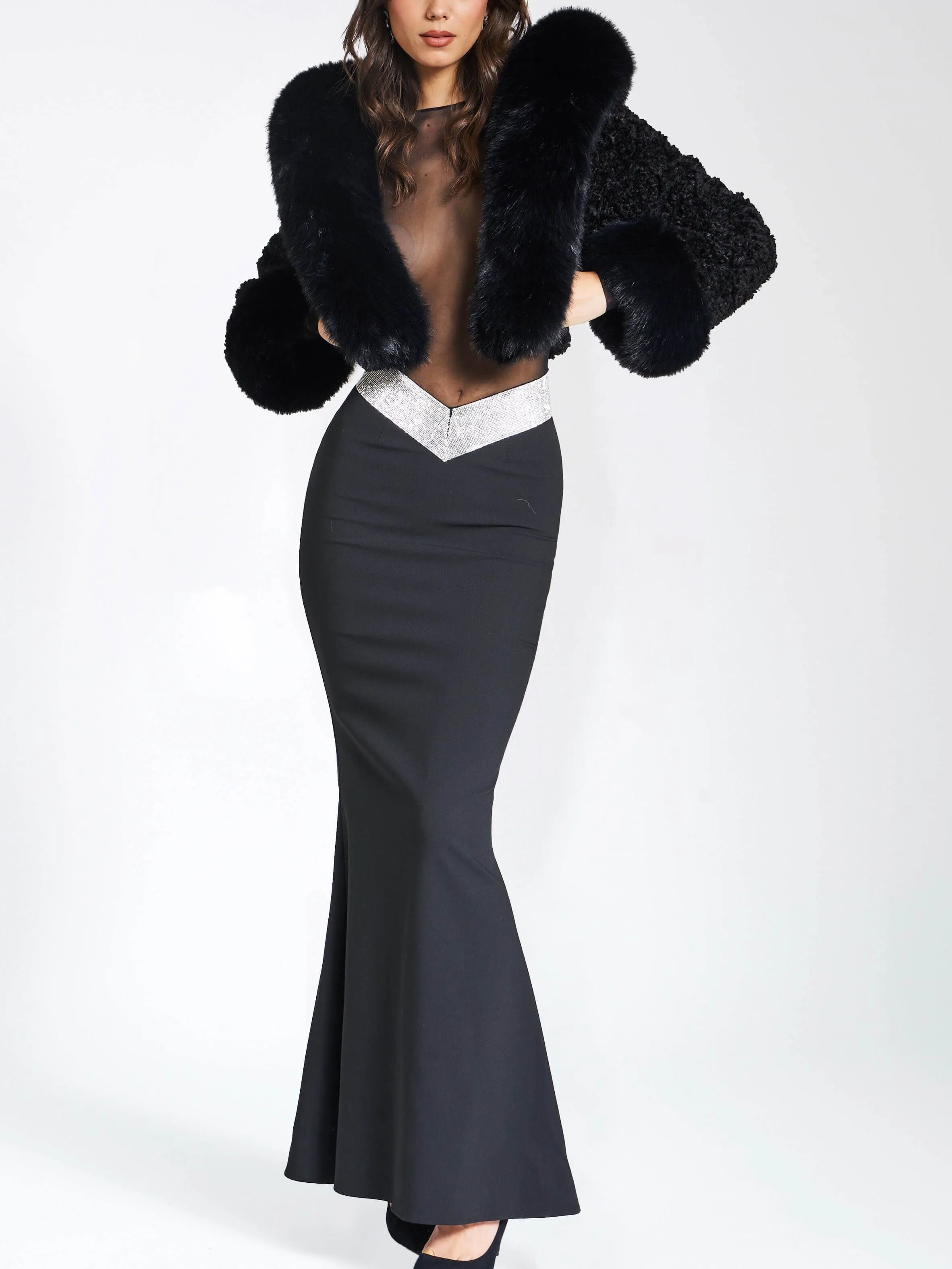 Faux Fur Hooded Cropped Coat With Rabbit Fur Collar