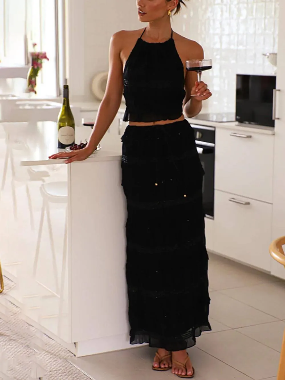 Charm Pleated Drawstring Elastic Waist Tiered Maxi Skirt