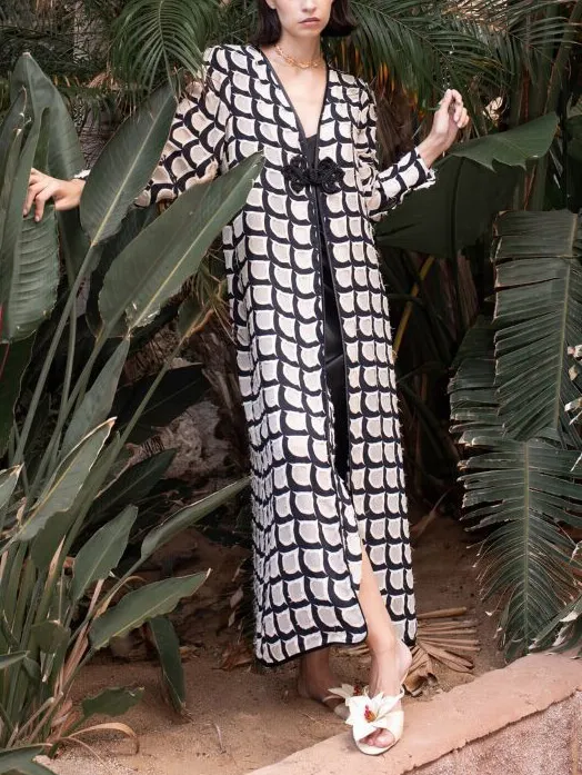 Retro Geometric Fish Scale Print Long Coat