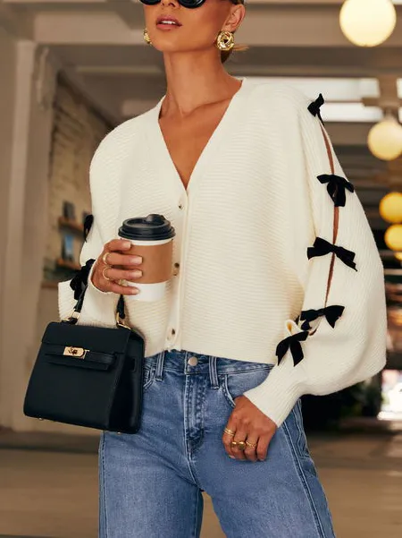 Sweet Bow Embellished Cardigan Sweater