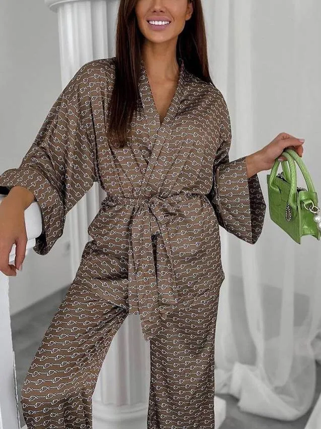 Printed Cardigan Nightgown Pants Home Wear