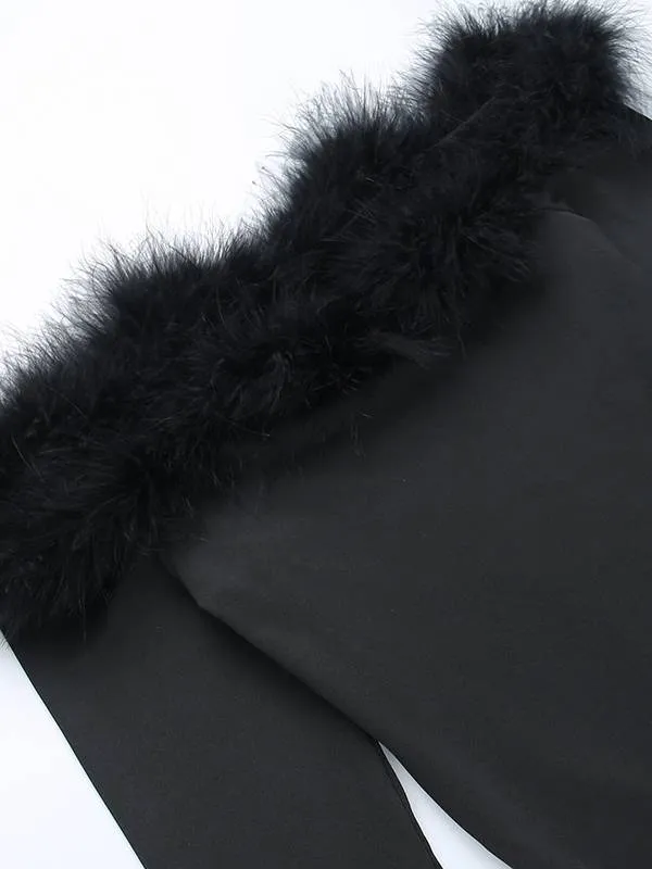 Furry Patchwork Off-shoulder T-shirt Bodysuit