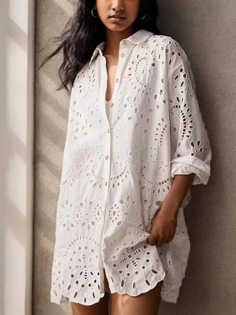 Fashionable Loose Embroidered Hollow Shirt