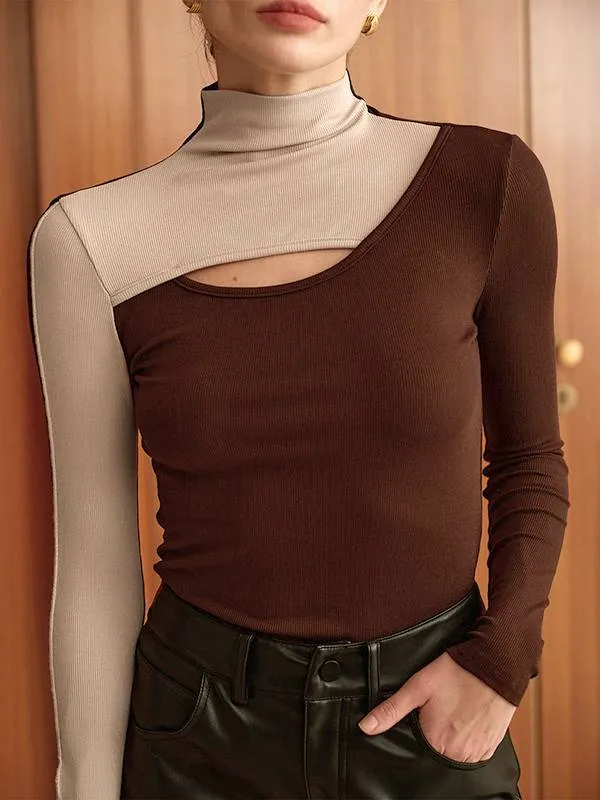 Contrast Color Half Turtleneck Hollow T-shirt
