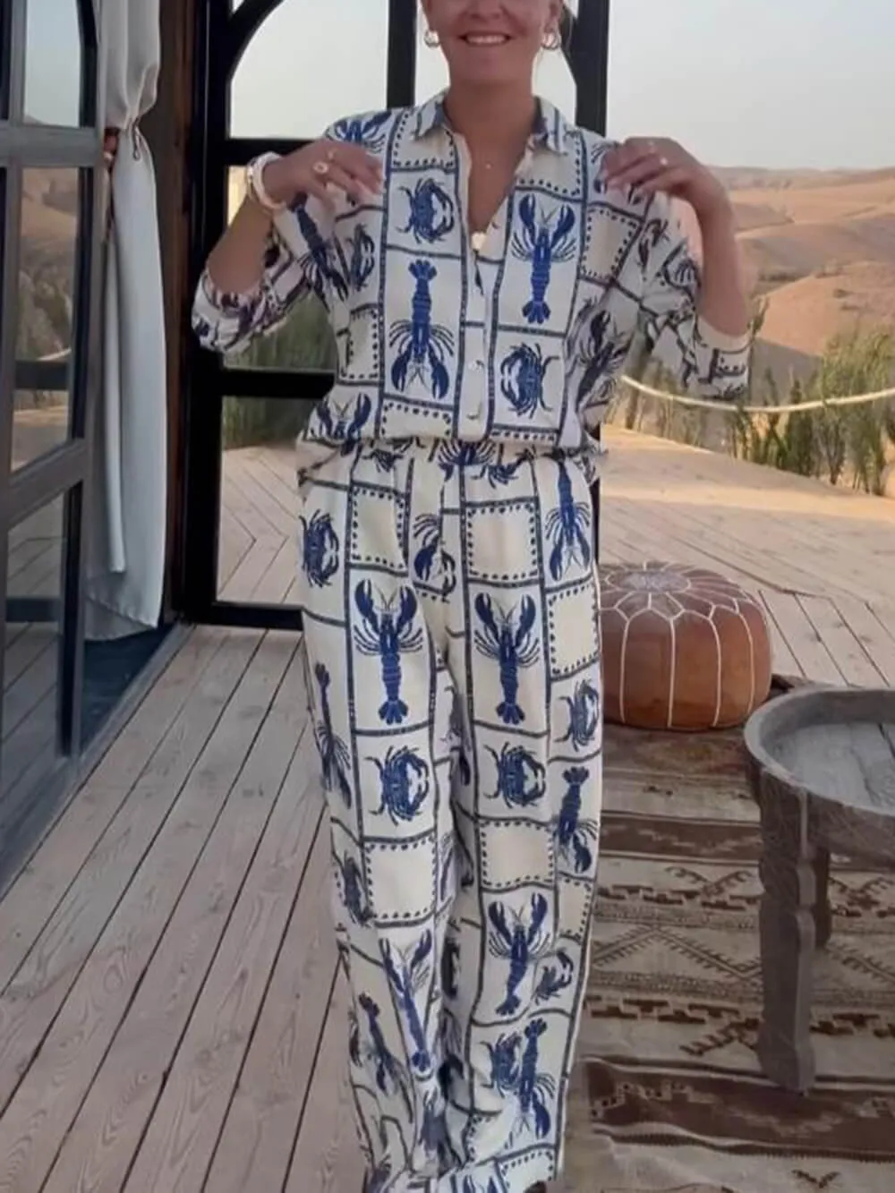 Unique Fun Lobster Pattern Printed Loose Shirt